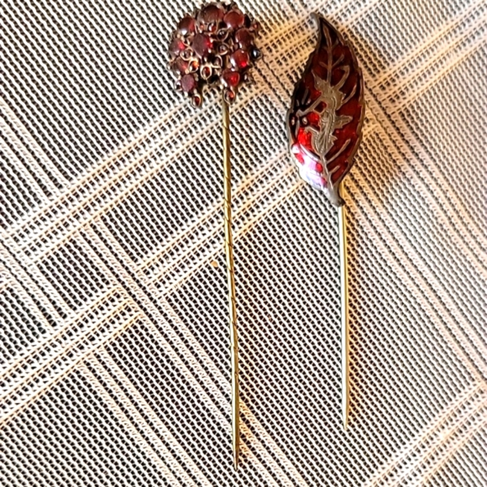 Vintage Red Siam Enamel & Red Rhinestone Stick Pins
